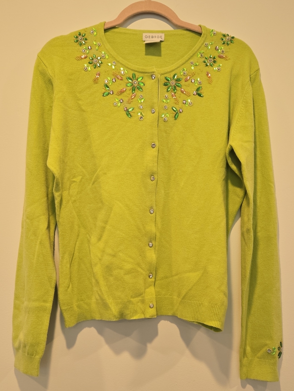 Vintage Lime Green Embellished Cardigan Sweater Sz XL Cottagecore